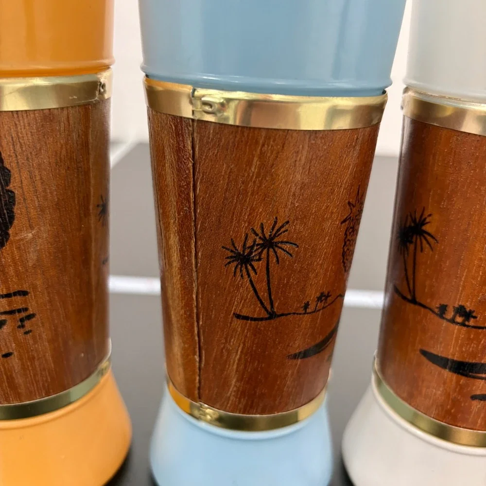 Vintage Siesta Ware Tiki Tumblers 6.5in Multi Color Genuine Mahogany Wood Set 4